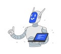 Illustration of a robot with a laptop. Vector. Cartoon android developer. Mascot of the company. Data protection. Online programmi