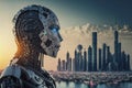 illustration, robot smart city with cityscape background, ai generative