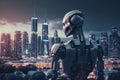 illustration, robot smart city with cityscape background, ai generative