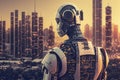 illustration, robot smart city with cityscape background, ai generative