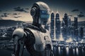 illustration, robot smart city with cityscape background, ai generative