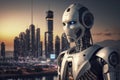 illustration, robot smart city with cityscape background, ai generative