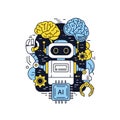 Illustration of a robot surrounded by gears, brains, and an ai chip, , symbolizing artificial intelligence and technology Royalty Free Stock Photo
