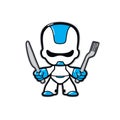 Illustration of a robot. Vector. Robot character of the future with a knife and fork. Mascot for a cyber cafe or restaurant. Hero