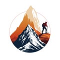 illustration of rock climber on top mountain. Circle logo.