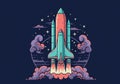 Illustration of a rocket launch with a stylized design featuring vibrant pink and teal Royalty Free Stock Photo