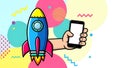 Startup Rocket Launch App Mobile Phone in Hand, Growth Concept Royalty Free Stock Photo