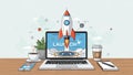 Illustration of Rocket Launching from Laptop Screen in Creative Workspace Royalty Free Stock Photo