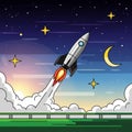 Illustration of a rocket launching into a starry night sky. The rocket is silver with black Royalty Free Stock Photo
