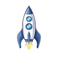 Illustration of a rocket ship launching into space with flames from the engine. Modern rocketship with round windows Royalty Free Stock Photo
