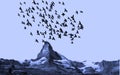 Illustration of rocky mountains landscape and flying birds flock against clear blue sky. Migrating birds concept. Royalty Free Stock Photo