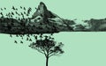 Illustration of rocky mountains landscape, isolated tree and flying birds flock against clear blue sky. Migrating birds concept.