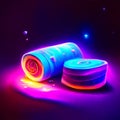 Illustration of a roll of fabric on a black background with neon lights Generative AI