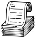 Illustration of Rolled Document on Top of Stack of Paper Sheets Full of Text Royalty Free Stock Photo