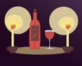 Illustration of a romantic candlelight dinner with a bottle of wine. red wine in a glass on a dark purple background Royalty Free Stock Photo