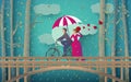 illustration of romantic couple riding bicycle on the bridge and rainy forest.