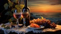 romantic evening with two glasses of wine on the beach. sunset. Royalty Free Stock Photo