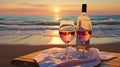 romantic evening with two glasses of wine on the beach. sunset. Royalty Free Stock Photo
