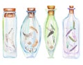 Illustration romantic and fairytale watercolor bottles with air feathers inside