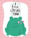 illustration of a romantic frog with lettering I love loving you. Valentine\'s day concept cartoon characters in love, cute Royalty Free Stock Photo