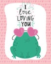 illustration of a romantic frog with lettering I love loving you. Valentine\'s day concept cartoon characters in love, cute Royalty Free Stock Photo