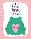 illustration of a romantic frog with lettering I love loving you. Valentine\'s day concept cartoon characters in love, cute Royalty Free Stock Photo