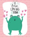 illustration of a romantic frog with lettering I love loving you. Valentine\'s day concept cartoon characters in love, cute Royalty Free Stock Photo