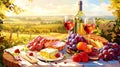 Illustration of a romantic picnic with wine and fruits