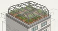 An illustration of a rooftop greenhouse, featuring a glass structure housing multiple Royalty Free Stock Photo