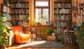 An illustration of room with a bookcase full of books and a couch Royalty Free Stock Photo