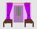 illustration of room decoration with purple curtains as a cover for the window door