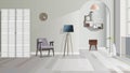 Illustration of a room with stool, lamp, commode and cupboard. Interior of the room with furniture. Vector illustration