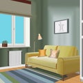 Illustration of a room with window, yellow sofa, vase, lamp, picture . Interior of the room with furniture. Living room