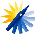 illustration of rotating twisted pentagon shaped arrow logo. blue and yellow