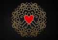 Illustration of a round mandala pattern with a heart interwoven in red and golden ornament. Golden Mandala on anthracite Royalty Free Stock Photo