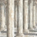Illustration of a row of ancient columns on a wooden floor