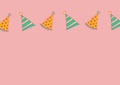 Illustration of a row of colourful party hats on pale pink background