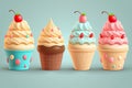 Illustration of a row of different cupcakes with cream and a berry on a blue background. Generative ai