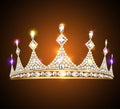 royal shiny gold crown with precious stones and jewelry