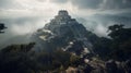 Illustration of the ruins of a Mayan city in the mountains