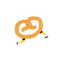 Illustration of a running bagel. Running pretzels. Vector. Crunchy character with legs. Icon for the site. Sign, logo for the stor