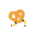 Illustration of a running bagel. Running pretzels. Vector. Crunchy character with legs. Icon for the site. Sign, logo for the stor