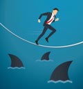 Illustration of a running businessman on rope with sharks underneath business risk chance