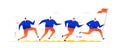 Illustration of running businessmen. Vector. Metaphor. A crowd of men runs after a leader, an alpha male carrying a flag, a banner