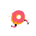 Illustration of a running donut. Vector. Sweet donut character with legs. Icon for site on white background. Sign, logo for the st