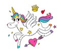 Illustration of a running magic unicorn with wings. Vector. Cartoon hero cute horse with a horn. Kawaii character. Mythical creatu