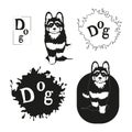 An illustration of a running puppy from nature, a set of black and white spots with splashes for design and letters, an isolated