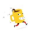 Illustration of a running yellow cup of coffee or tea. Vector. Cartoon flat style. Character cup hot drink. Hot chocolate delivery