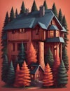 Illustration of a Rural House in a Pine Forest