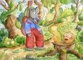 Illustration for russian traditional fairy tale Kolobok. Characters of children tale. Kolobok meet wolf. Watercolor illustration